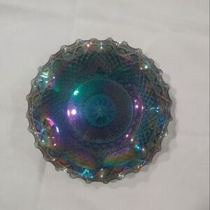 Vintage Iridescent Carnival Glass Plate With Ruffled Edge.